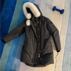 Moose Knuckles Black Parka with White Fur-Trim Hood